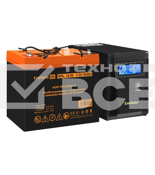Комплект ИБП EX295986RUS + батарея 55Aч EX285652RUS 1шт (инвертор, синус, для котла) ExeGate SineTower SZ-600.LCD.AVR.1SH <600VA/360W, чистый синусоида, LCD дисплей, AVR, 1*Schuko, линейно-интерактивный, Black> + батарея ExeGate HRL 12-55 (12В, 55Ач) 1шт