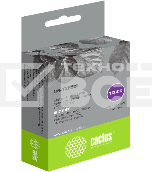 Картридж ленточный Cactus CS-TZE325 TZE-325 белый на черном 9x8 для Brother 1010/1280/1280VP/2700VP