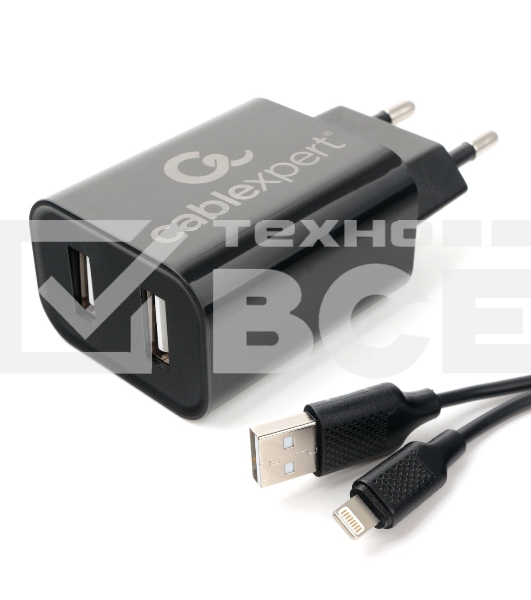 Адаптер питания Cablexpert MP3A-PC-36 USB 2 порта, 2.4A, черный + кабель 1м lightning