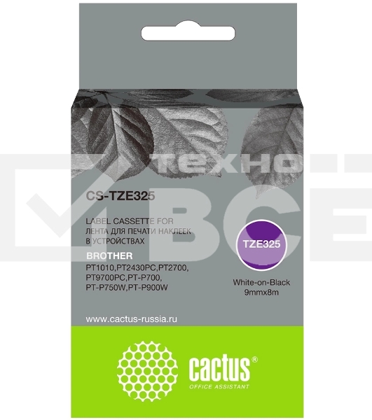 Картридж ленточный Cactus CS-TZE325 TZE-325 белый на черном 9x8 для Brother 1010/1280/1280VP/2700VP