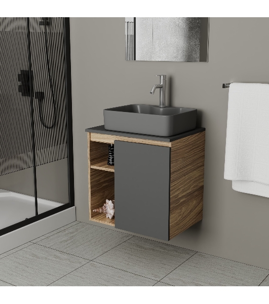 Тумба Bau Dream Blackwood 60 правая, графит, раковина BAU Cerama 48х37 темно-серая матовая, смеситель Hotel Dream, нерж. сталь
