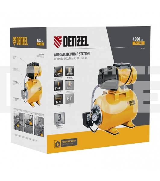 Насосная станция Denzel PS1100С, 1100 Вт, 4500 л/ч, ресивер 24 л, подъем 46 м, чугун
