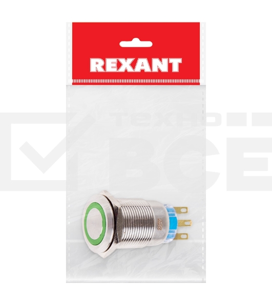 Кнопка  антивандальная Ø19 250В Фикс (5с) ON-OFF/OFF-ON подсв/зеленая  Rexant