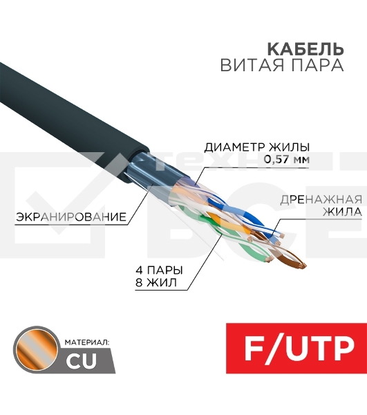 Кабель витая пара F/UTP, CAT 6, PE, 4PR, 23AWG, OUTDOOR, SOLID, черный, 305м Rexant