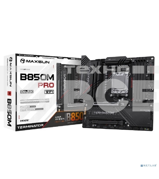 Материнская плата MAXSUN MS-Terminator B850M PRO DARK WIFI (Socket AM5, mATX, 4*DDR5(192Gb), DP/HDMI, 2*SATA3, 3*M.2, 1*PCIEx16/1*PCIEx4, 1* Type-C, 4*USB 2.0, 4*USB 3.2, LAN 1*2.5G, SPDIF, WiFi 6E, RTL)