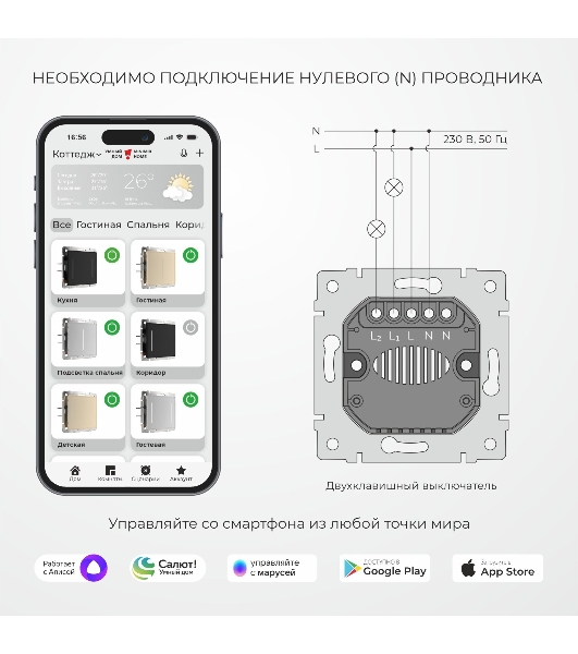 Умный сенсорный выключатель двухклавишный (шампань) W4523011