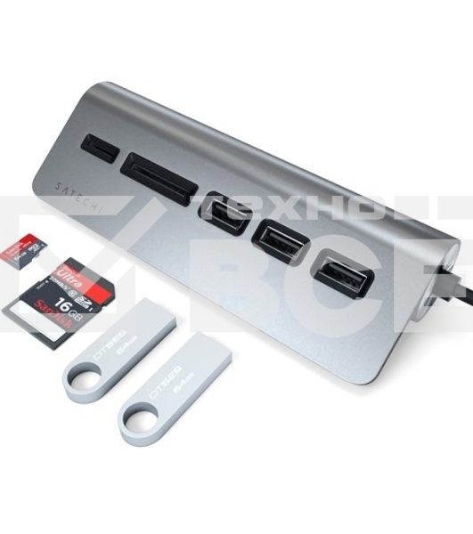 USB-концентратор Satechi Type-C USB Hub & Micro/SD Card Reader. Интерфейс USB-C. 3 порта USB 3.0 , слоты для карты памяти. Цвет серый космос. 