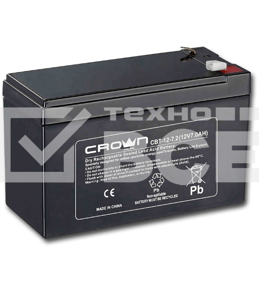 Батарея CROWN CBT-12-7.2 (напряжение 12В, емкость 7.2 А/Ч, разм 151х65х100 мм, вес 2,1 кг, тип клеммы - F2, 5 лет)
