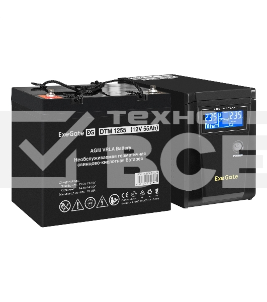 Комплект ИБП EX295986RUS + батарея 55Aч EX285667RUS 1шт (инвертор, синус, для котла) ExeGate SineTower SZ-600.LCD.AVR.1SH <600VA/360W, чистый синусоида, LCD дисплей, AVR, 1*Schuko, линейно-интерактивный, Black> + батарея ExeGate DTM 1255 (12В, 55Ач) 1шт