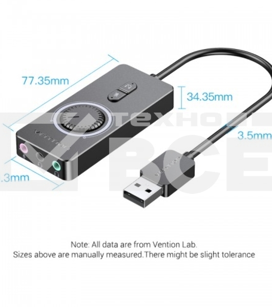 Внешняя звуковая карта Vention USB c регулятором громкости Черная