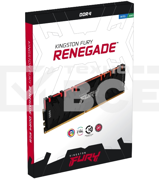 Оперативная память Kingston Fury Renegade, DDR4, 8GB (1x8GB), 3000MHz, CL15, с радиатором, RGB, чёрный