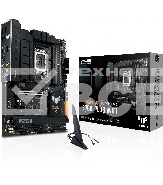 Материнская плата ASUS TUF GAMING B760-PLUS WIFI, LGA 1700, Intel B760, 4xDDR5, 4xSATA, 3xM.2, 1xPCI-E 5.0 x16, 1xPCI-E 3.0 x4, 1xUSB-A 3.2 Gen 2, 3xUSB-A 3.2 Gen 1, 1xUSB-C 3.2 Gen 2x2, 1x2.5Gb LAN, 5x3.5 мм, 7.1, Wi-Fi 6, Bluetooth 5.2, Standard-ATX