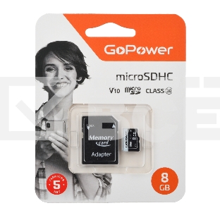 Карта памяти microSD GoPower 8Gb Class10 15 МБ/сек V10, адаптер в комплекте