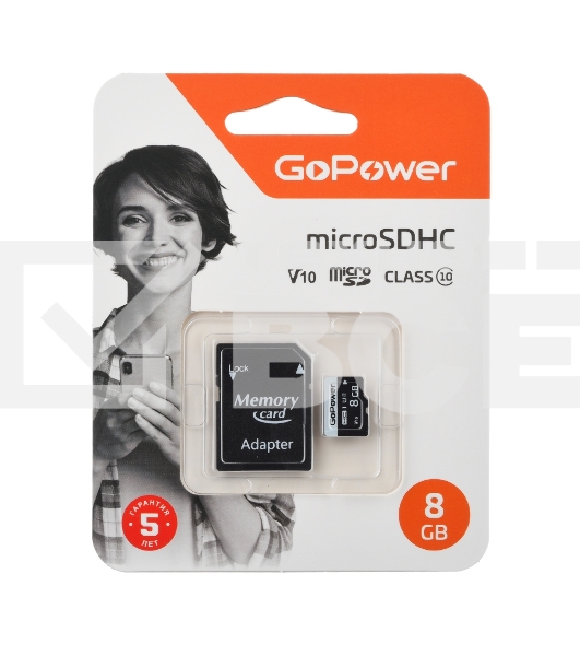 Карта памяти microSD GoPower 8Gb Class10 15 МБ/сек V10, адаптер в комплекте