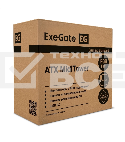 Компьютерный корпус Miditower ExeGate EVO-8243-EVO800 (ATX, БП EVO800RGB с вент. 12 см, 2*USB+1*USB3.0, черный, 3 вент. с RGB подсветкой, боковая панель - закаленное стекло)