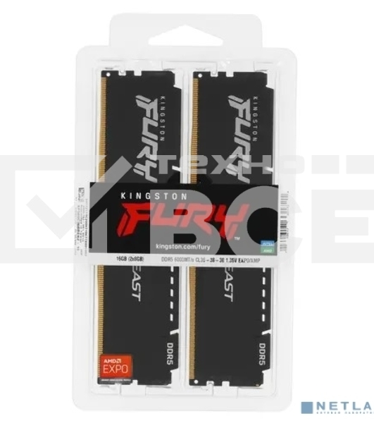 Оперативная память Kingston Fury Beast, DDR5, 16GB (2x8GB), 6000MHz, CL36, с радиаторами, черный