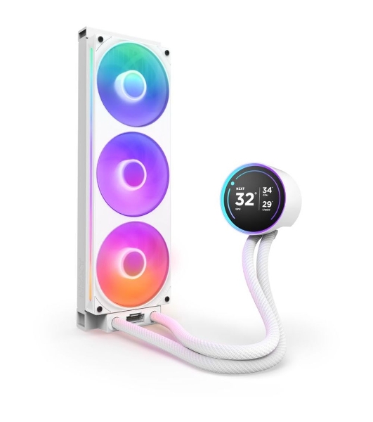 Система жидкостного охлаждения для ПК Water Cooling System NZXT Kraken Elite 360 RGB (270W, 360мм, LED temp., White, RGB/ Fans: 1xF360 RGB Core Fan, 75.12CFM, 30dBA, 2400RPM/ Pump height 65mm, 2800RPM, Rad thickness 27mm/ S: 1851, 1700, 1200, 115X, AM5, AM4)