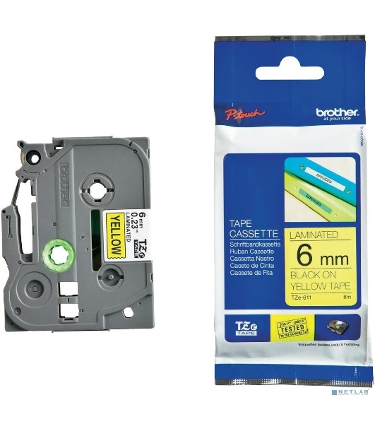 Наклейка ламинированная Brother TZe-611 (6 мм черн/желт, аналог TZ-611)