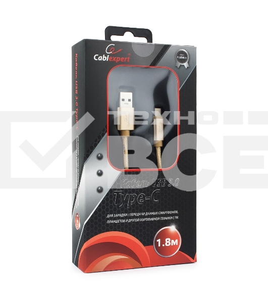 Кабель USB 3.0 Cablexpert CC-P-USBC03Gd-1.8M, AM/Type-C, серия Platinum, длина 1.8м, золотой, блистер