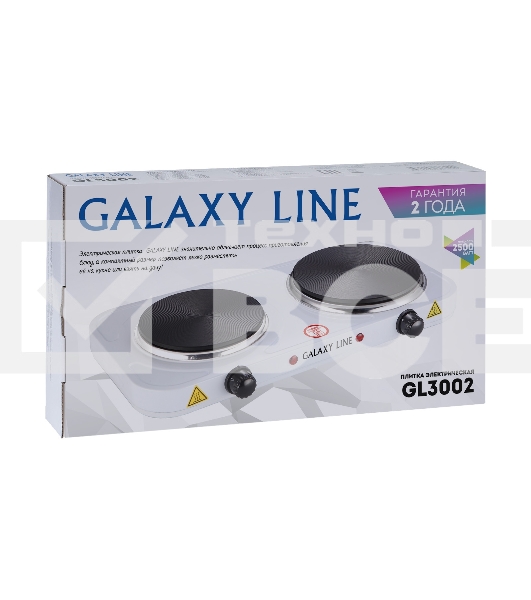Плитка Galaxy Line GL 3002, белый, электрическая, 2500 Вт (1000Вт+1500Вт), 2 закрытых нагревательных элемента, макс. нагрузка 10 кг, диаметр нагрев. элементов 155 и 185 мм, металлический корпус покрыт эмалью, плавная регулировка температуры нагрева, 2 индикатора работы