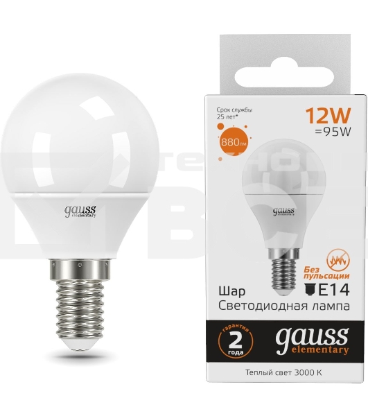 Лампа светодиодная Gauss Elementary 12Вт цок.:E14 шар 220B 3000K св.свеч.бел.теп. (упак.:10шт) (53112)