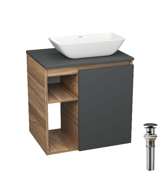 Тумба Bau Dream Blackwood 60 правая, графит, раковина BAU Spectrum mini 47х24 выпуск клик клак, черный