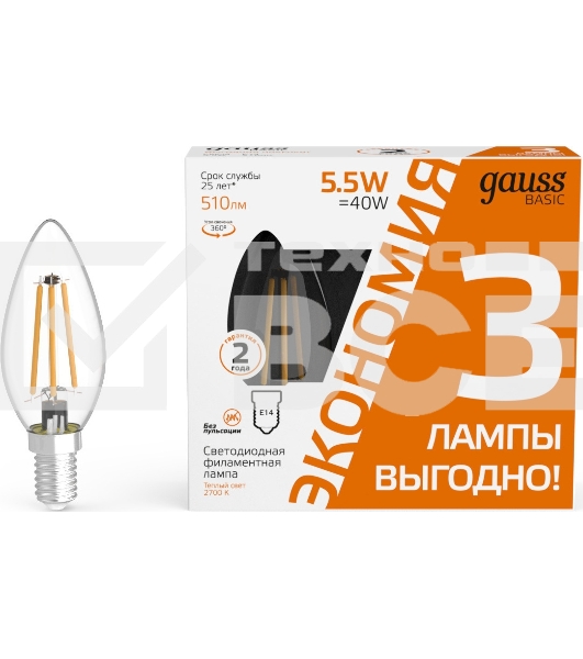 Лампа светодиодная Gauss Basic 1031116T 5.5Вт цок.:E14 свеча 240B 2700K св.свеч.бел.теп. (упак.:3шт)