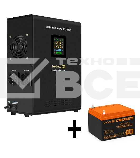 Комплект Источник бесперебойного питания EX295997RUS + батарея 26Aч EX285663RUS 1шт (инвертор, синус, для котла, настенный) ExeGate FineSine SX-1000.LCD.AVR.2SH <1000VA/600W, чистая синусоида, цветной LCD-дисплей, AVR, 2*Schuko, линейно-интерактивный, кре