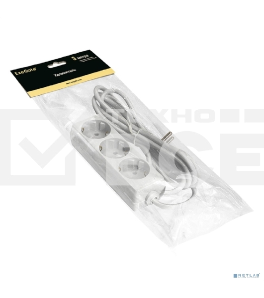 Удлинитель ExeGate ECE-3-3W (EX285806RUS), белый, 3 м, Евровилка с заземлением, 3 евророзетки с заземлением, 2200 Вт