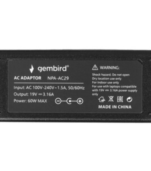 Блок питания Gembird для ноутбуков SAMSUNG NPA-AC29, 19В/3.16А, 60Вт, штекер 5.5x3мм