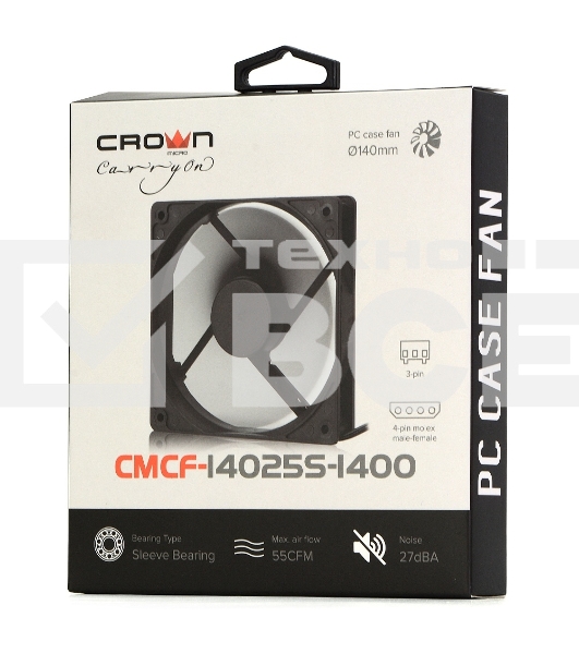 Вентилятор для корпуса Crown CMCF-14025S-1400 черный, 140 мм, 1200 об/мин, 27 дБ, 3 pin