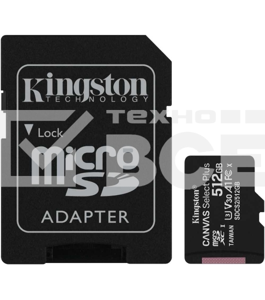 Флеш карта microSDHC 512GB microSDXC Class10 Kingston <SDCS2/512GB> UHS-I Canvas Select up to 100MB/s с адапт.