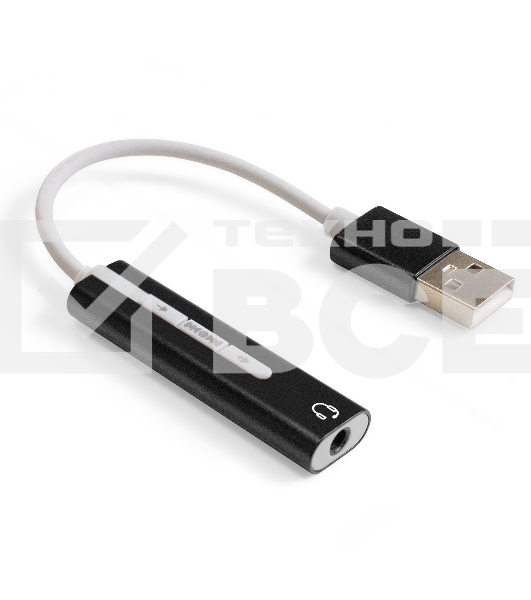 Кабель-адаптер для подключения телефонной гарнитуры к порту USB ExeGate <EX-AU-04B> (внешняя звуковая карта USB, 1x Jack3.5 F (4-контакта), кнопки: volume +, volume -, play/pause/next/previous,  Windows/Linux/MAC OS)