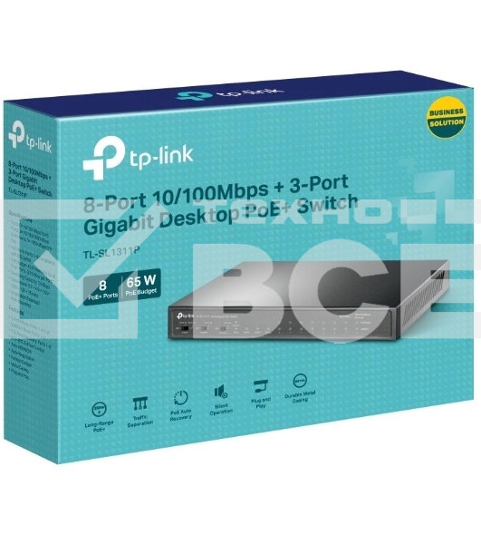 Настольный коммутатор TP-Link TL-SL1311P, 8 портов 10/100 Мбит/с с поддержкой PoE+, 2 гигабитных порта без поддержки PoE, 1 порт SFP, 802.3af/at, бюджет PoE — 65 Вт, стальной корпус