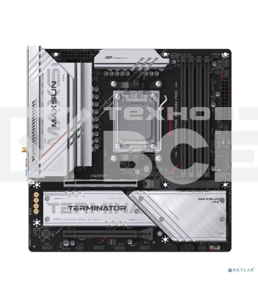 Материнская плата MAXSUN MS-Terminator B850M PRO WIFI (Socket AM5, mATX, 4*DDR5(192Gb), DP/HDMI, 2*SATA3, 3*M.2, 1*PCIEx16/1*PCIEx4, 1* Type-C, 4*USB 2.0, 4*USB 3.2, LAN 1*2.5G, SPDIF, WiFi 6E, RTL)