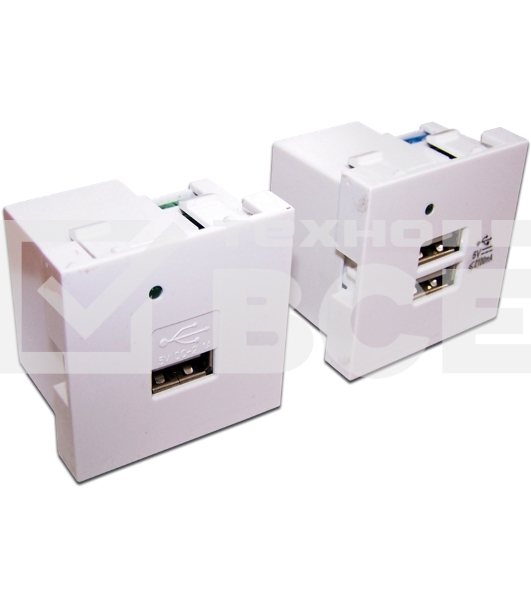 Модуль USB-зарядки, 2 порта, без шторки, 2.1A/5V, 45x45, белый