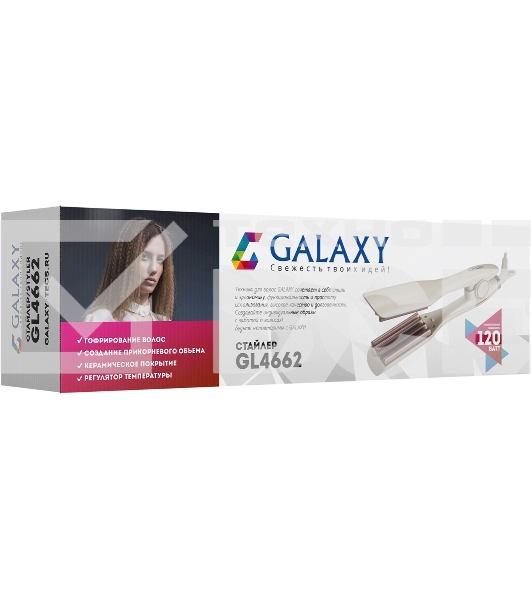 Стайлер Galaxy Line GL 4662, бежевый, 120 Вт, нагревательный элемент с защитой от перегрева, регулятор температуры (140-220°C), автоотключение через 1 час работы, керамическое покрытие рабочих поверхностей, длина шнура питания 180 см, подвесная петля