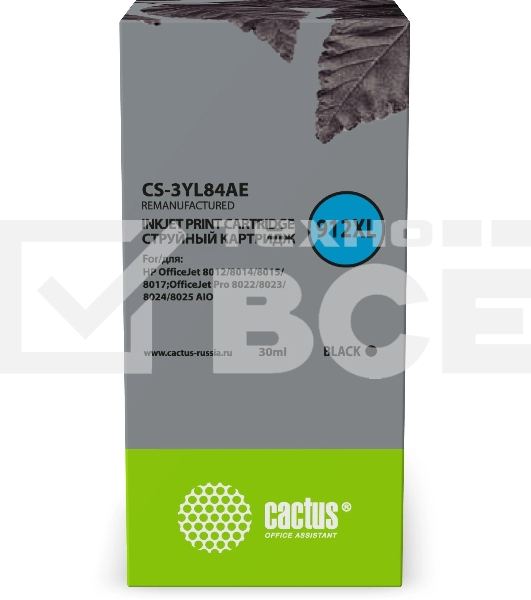 Картридж струйный Cactus CS-3YL84AE 912XL (есть ограничения по прошивке) черный (30 мл) для HP OfficeJet 8012/8014/8015/8017;OfficeJet Pro 8022/8023/8024/8025 AIO