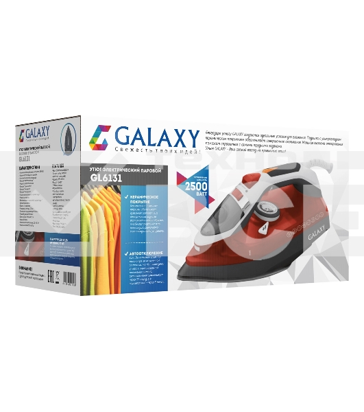 Утюг Galaxy GL 6131, оранжевый, паровой, 2500 Вт, подача пара до 50 г/мин, паровой удар до 230 г/мин, функции: автоотключение, самоочистка, антикапля, антинакипь,  функция увлажнения, вертикальное отпаривание, керамическое покрытие подошвы, защита от пере