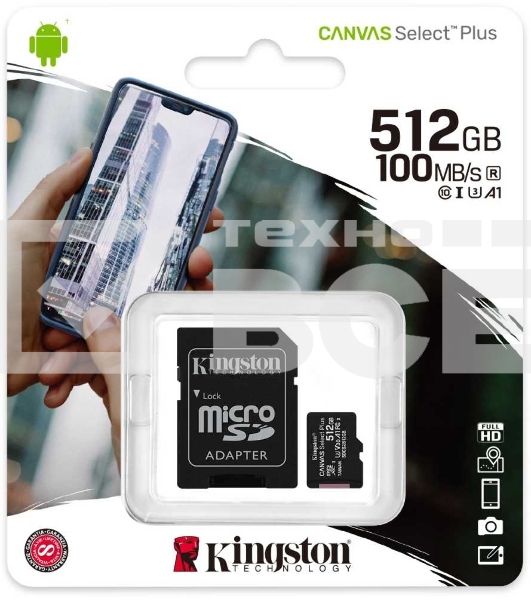 Флеш карта microSDHC 512GB microSDXC Class10 Kingston <SDCS2/512GB> UHS-I Canvas Select up to 100MB/s с адапт.