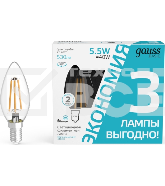 Лампа светодиодная Gauss Basic 1031126T 5.5Вт цок.:E14 свеча 240B 4100K св.свеч.бел.ней. (упак.:3шт)