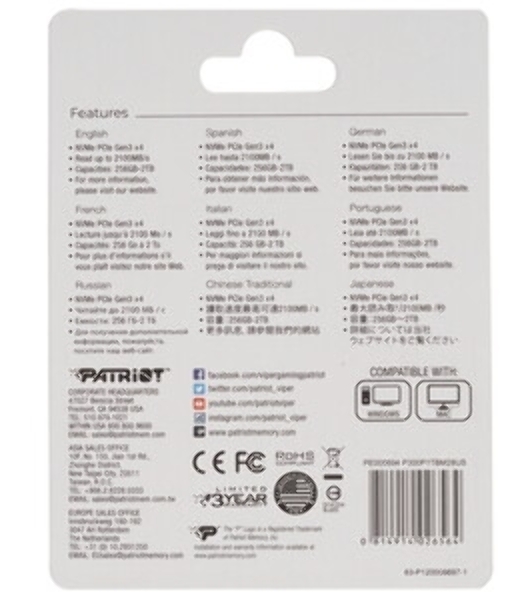 Накопитель SSD Patriot P300, 1000Gb, PCIe 3.0 x4, M.2 2280, NVMe, R/W 2100/1650