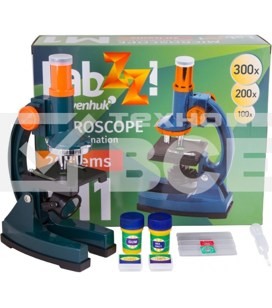 Микроскоп Levenhuk LabZZ M1 монокуляр 100-300 на 3 объектива зеленый/оранжевый