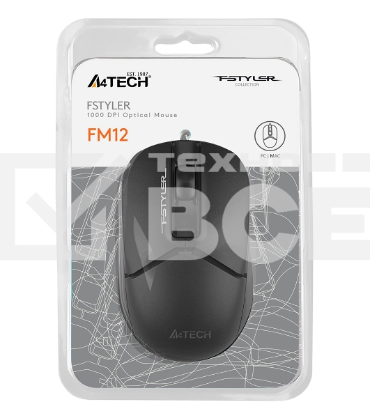 Мышь проводная A4Tech Fstyler FM12S черный, 1200 dpi, USB, кнопки - 3