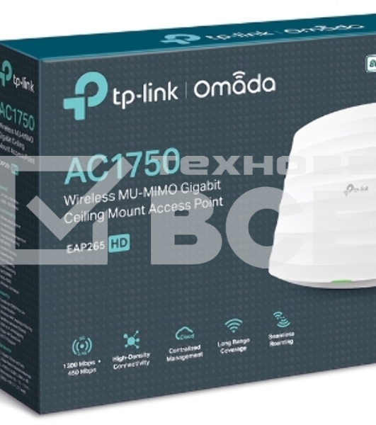 Потолочная гигабитная точка доступа TP-Link AC1750 Wireless MU-MIMO Gigabit Ceiling Mount Access Point, 450Mbps at 2.4GHz + 1300Mbps at 5GHz, 802.11a/b/g/n/ac wave 2, High Density, Seamless roaming 802.11k/v, Beamforming, Airtime Fairness, MU-MIMO, 802.3a