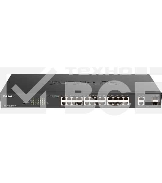 Настраиваемый L2 коммутатор D-Link DGS-1100-26MPV2/A3A с 24 портами 10/100/1000Base-T и 2 комбо-портами 1000Base-T/SFP (24 порта PoE 802.3af/at, PoE-бюджет 370 Вт)