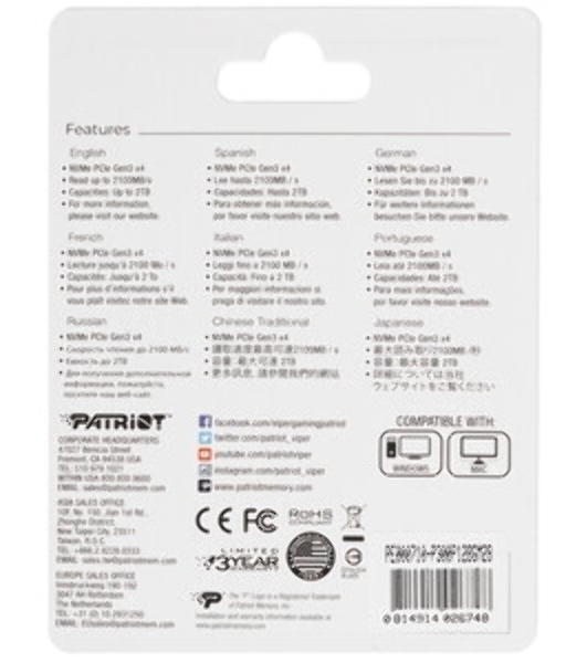 Накопитель SSD Patriot P300, 128Gb, PCIe 3.0 x4, M.2 2280, NVMe, R/W 1600/600