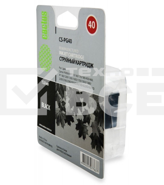 Картридж струйный Cactus CS-PG40 черный (18 мл) для Canon Pixma MP150/MP160/MP170/MP180/MP210/MP220/MP450/MP460/MP470/iP1200/iP1300/iP1600/iP1700/iP1800/iP190
