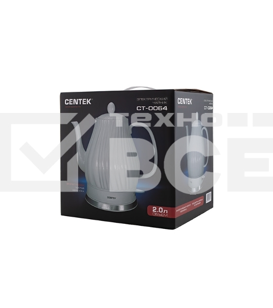 Чайник электрический Centek CT-0064 2.0л, 2150W, супербелая керамика, рельефный корпус