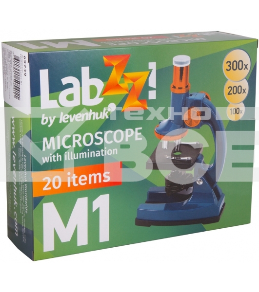 Микроскоп Levenhuk LabZZ M1 монокуляр 100-300 на 3 объектива зеленый/оранжевый